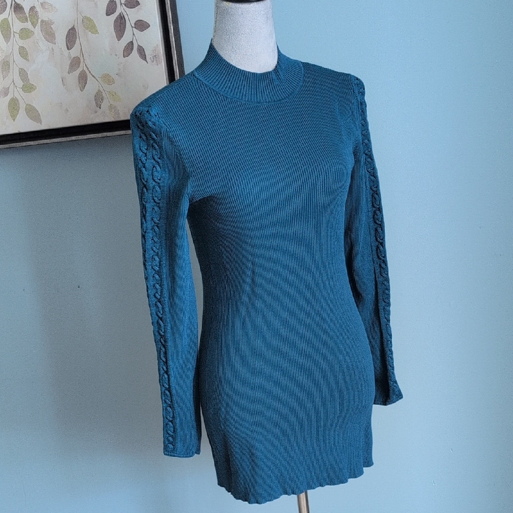 WHBM Teal Ribbed Mock-Neck Cable-Sleeve Tunic Medium